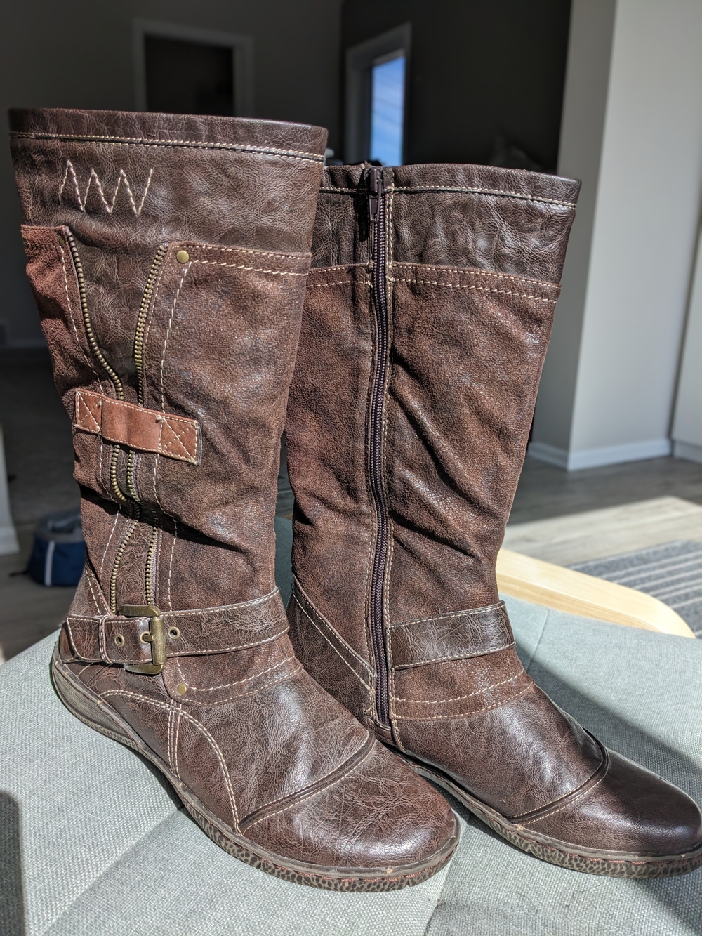 Women's Brown Mid-Calf Zipper & Buckle Heeled Boots